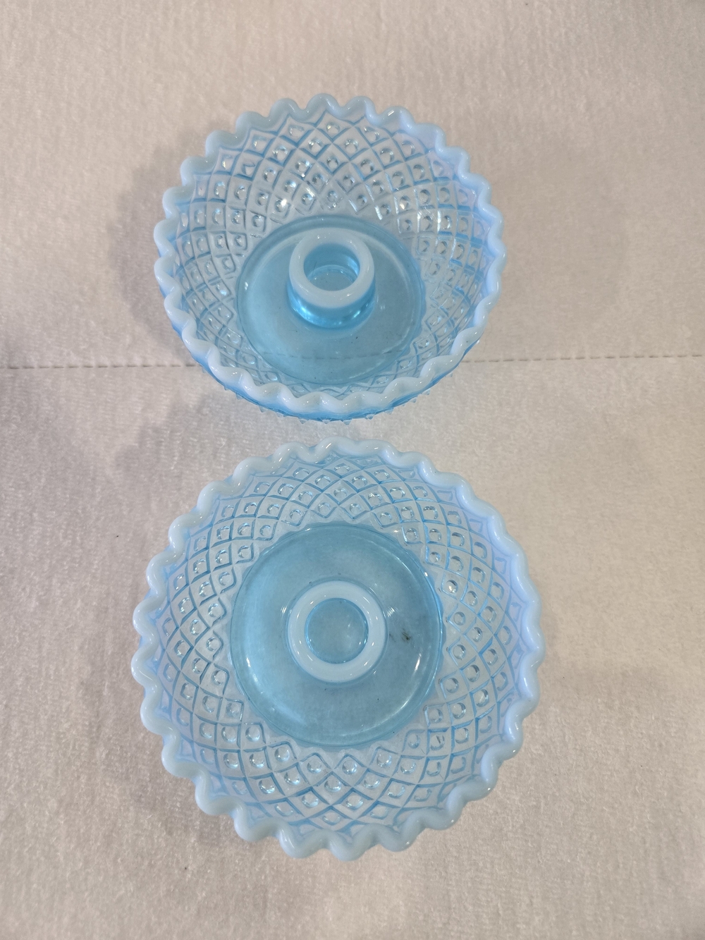 Vintage Fenton Blue Opalescent Diamond Lace Candle Holders Pair Mint Condition